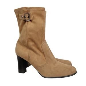 Vintage 90s Predictions Tan Faux Suede Heeled Mid Calf Boots 7.5